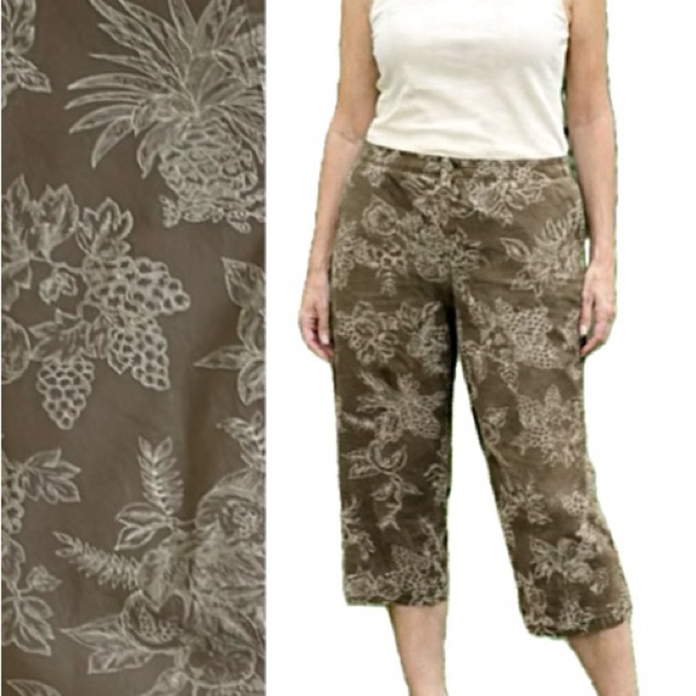Talbots Fruit Print Cropped Pant Womens Size 12 Brown Flat Front Stretch Ankle